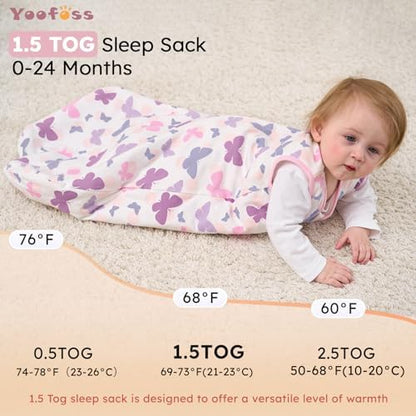 Yoofoss Baby Sleep Sack 6-12 Month 1.5TOG 100% Organic Cotton 2-Way Zipper