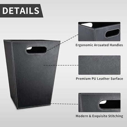 Pu Leather Trash Can for Bedroom, 16L/4.2 Gallon Office Wastebasket with Handles for Near Desk, Black Bathroom Garbage Cans for Home Decorative, Square Waste Basket Bin for Dorm Easy to Clean