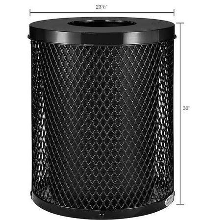 Global Industrial Outdoor Diamond Steel Trash Can with Flat Lid and Plastic Liner, 36 Gallon Capacity, Black, Thermoplastic Coating, 23-1/2" Diameter, 30" H