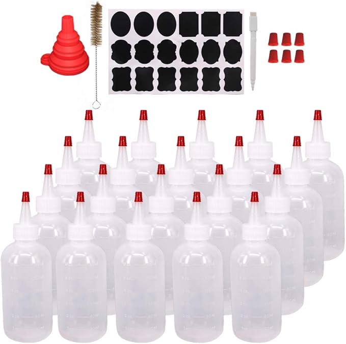 20 Pack 6-Ounce Plastic Squeeze Bottles with 20pcs Red Tip Caps and Measurement - Good for Crafts, Art, Glue, Multi Purpose Set of 20 with extra 6 Red Cap 36 Chalk Labels and 1 Pen