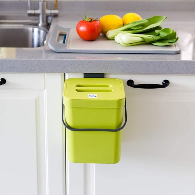Counter Top Compost Bin with Lid for Kitchen Waste Food Scrap,Mountable Bathroom Hanging Small Trash Can Under Sink 1.3 Gal/5 L Series,Green