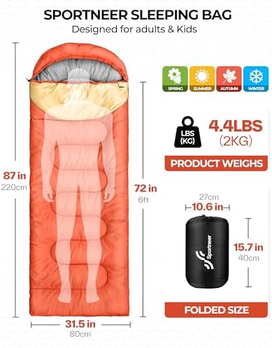 Sportneer Sleeping Bag, 3 Seasons Warm Cold Weather Sleeping Bags for Adults Kids Boys Girls with Compression Sack- Lightweight Camping Essentials Gear Accessories, Backpacking, Hiking