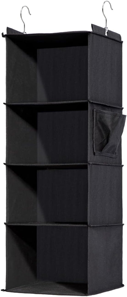 4-Shelf Hanging Closet Organizer and Storage, Collapsible Hanging Shelves for Closet with 2 Side Pockets, Hanging Shoe Organizer to Saving Space,Black
