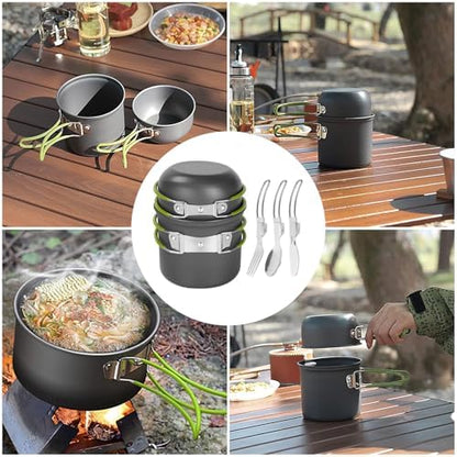 Camping Cookware Mess Kit Backpacking Pot Gear Camping Cooking Pots and Pans Set Camp Kitchen Equipment Accessories Green