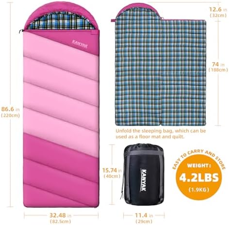 Cotton Flannel Lined Sleeping Bag for Adults Teens Kids, Cold Weather & Warm, 3 Seasons, Lightweight Compact Camping Essentials Equipment, Hiking, Outdoor, Travel