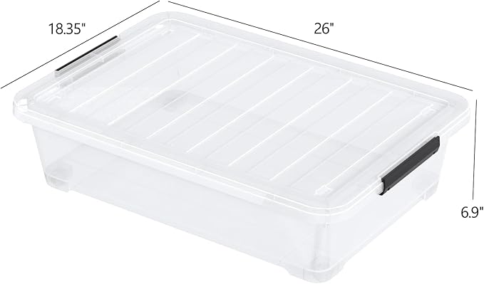 Set of 3 42 L Clear Plastic Under The Bed Storage Bins, Underbed Box with Latching Lid and Wheels, Flat Container for Dormitory, Apartment, Attic