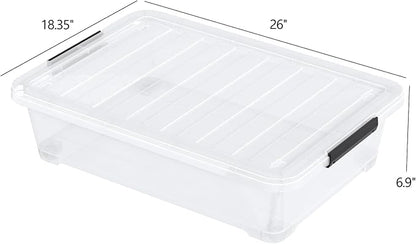 Set of 3 42 L Clear Plastic Under The Bed Storage Bins, Underbed Box with Latching Lid and Wheels, Flat Container for Dormitory, Apartment, Attic