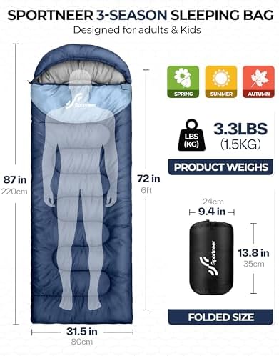 Sportneer Sleeping Bag, 3 Seasons Warm Cold Weather Sleeping Bags for Adults Kids Boys Girls with Compression Sack- Lightweight Camping Essentials Gear Accessories, Backpacking, Hiking