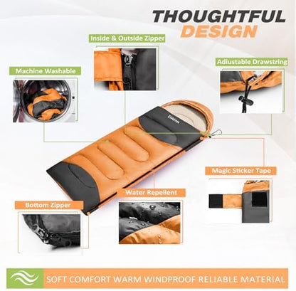 Lightweight Sleeping Bag for Adults, 3-Season Waterproof Backpacking Sleeping Bags with Compression Sack, Comfort Temp 50–68°F, Portable Camping Essential Gear for Travel, Hiking, Outdoor, Indoor