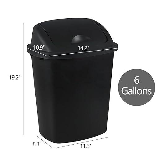 6 Gallon Swing Top Trash Can Outdoor and Indoor Recycle Bin, Plastic Garbage Can with Swing-Lid, Black, 4-Pack