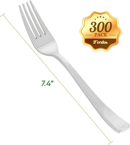 FOCUSLINE 300 Pack Disposable Silver Plastic Forks, Solid and Durable Plastic Cutlery Forks, Heavy Duty Disposable Utensil Silverware for Catering, Parties, Dinners, Weddings