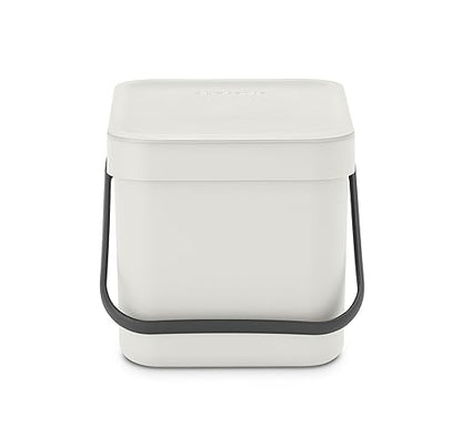 Brabantia Sort & Go Food Trash Can (1.6 Gal/Light Gray) Small Countertop Kitchen Compost Caddy with Handle & Removable Lid, Easy Clean, Fixtures Included for Wall/Cupboard Mounting