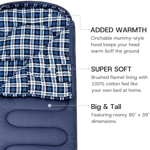 100% Cotton Flannel XXL 3-4 Season Sleeping Bags for Adults