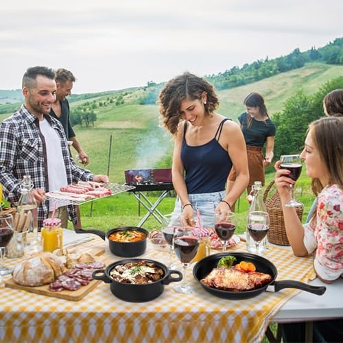 Non-Stick Cookware Set, Portable Lightweight Cast Iron Pots and Pans with Glass Lids and Nylon Utensils for Outdoor Camping Picnic Travel