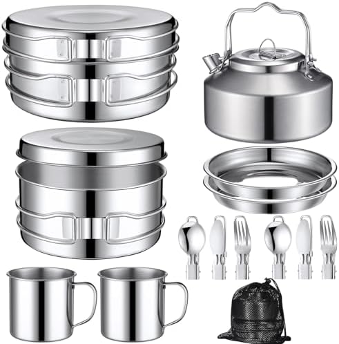 Funnymoom 15 Pcs Camping Cookware Mess Kit Outdoor Cooking Set Stainless Steel with Pot and Pan Kit 2 Set Stainless Steel Cups Plates Forks Knives Spoons for Camping Backpacking Cooking Picnic