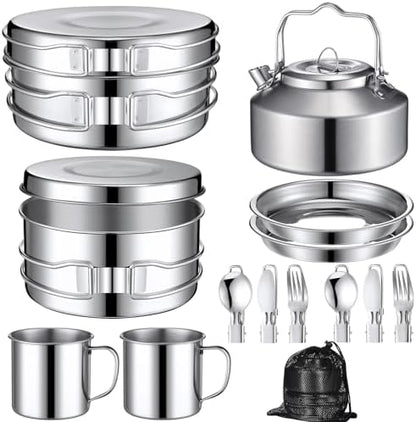 Funnymoom 15 Pcs Camping Cookware Mess Kit Outdoor Cooking Set Stainless Steel with Pot and Pan Kit 2 Set Stainless Steel Cups Plates Forks Knives Spoons for Camping Backpacking Cooking Picnic