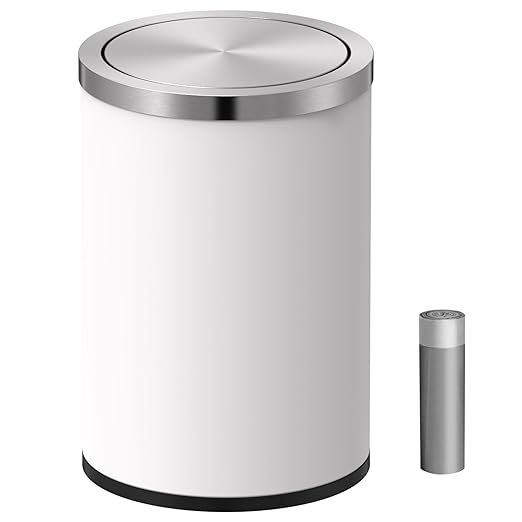 Mbillion Small Trash Can with Swing Lid 2.4 Gallons/9 Liter, Mini Trash Can with lid, Stainless Steel Cylindrical Garbage Can for Home and Office Bathroom Bedroom, for Ground and Desktop White