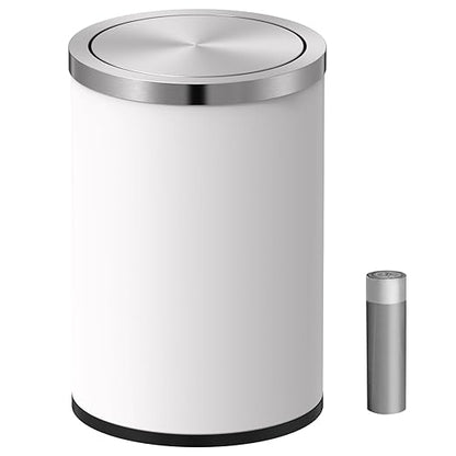 Mbillion Small Trash Can with Swing Lid 2.4 Gallons/9 Liter, Mini Trash Can with lid, Stainless Steel Cylindrical Garbage Can for Home and Office Bathroom Bedroom, for Ground and Desktop White