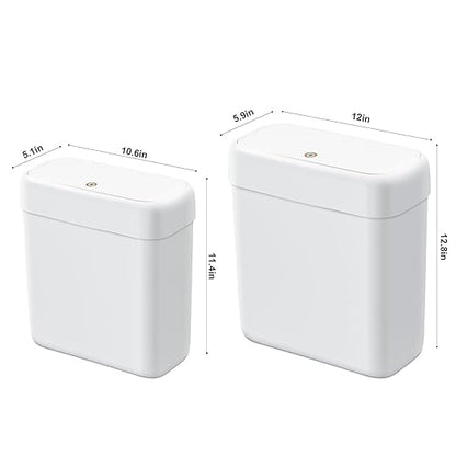 funest 2 Pack Bathroom Trash Can with Lid, 3 Gal/12 L & 2.7 Gal/10L Garbage Can with Pop-Up Lid, Small Spaces Plastic Trash Can, Slim Trash Bin Waste Basket for Bathroom,Rv, Office, White