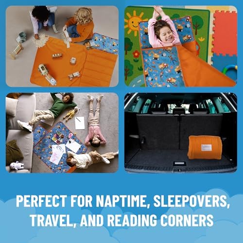 Jay Franco Kids Nap Mat with Embedded Pillow & Blanket – Soft 46"x20" Microfiber Sleeping Bag with Name Tag & Handle