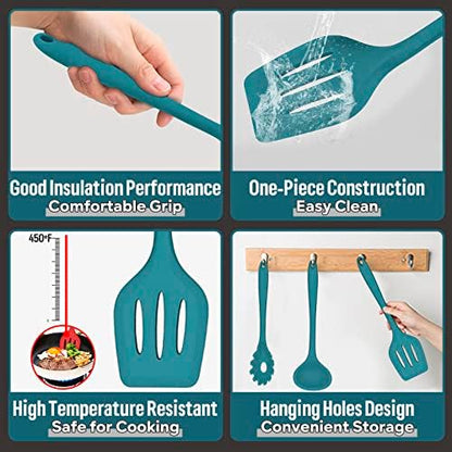 Silicone Cooking Utensils Set, E-far 7-Piece Blue Heat Resistant Kitchen Utensils Set, Kitchen Nonstick Tools Spatula Ladle Spoon Pasta Server for Non-stick Cookware, Non-Toxic & Dishwasher safe