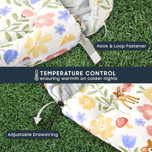 Wake In Cloud - Kids Sleeping Bag for Girls Toddlers, Camping in Warm Cold Weather, Backpacking Lightweight Compact Outdoor Liner for 3 Seasons, Deer Floral Garden