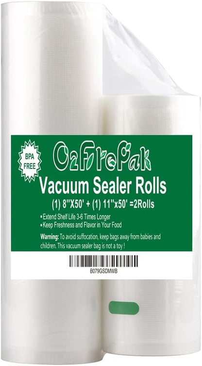 O2frepak 2 Rolls 11x50 and 8x50 (total 100 Feet) Vacuum Sealer Bags Rolls with BPA Free,Heavy Duty Vacuum Sealer Storage Bags Rolls,Cut to Size Roll,Great for Sous Vide Cooking