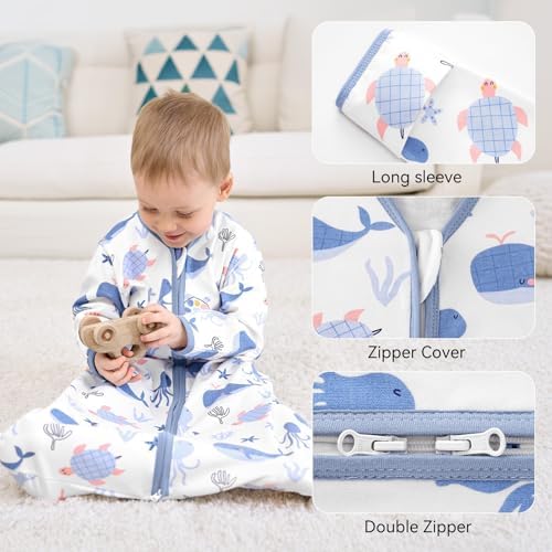 Baby Sleep Sack 18-24 Months, Long Sleeve Baby Wearable Blanket 0.5 Tog with Mittens, 2-Way Zipper Toddler Cotton Sleeping Sack for Boy and Girl Blue Whale 2 Pack(XLarge)