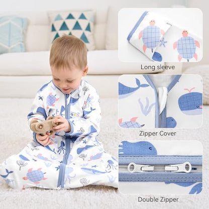Baby Sleep Sack 6-12 Months, Long Sleeve Baby Wearable Blanket 0.5 Tog with Mittens, 2-Way Zipper Newborn Cotton Sleeping Sack for Boy and Girl Blue Whale 2 Pack (Medium)
