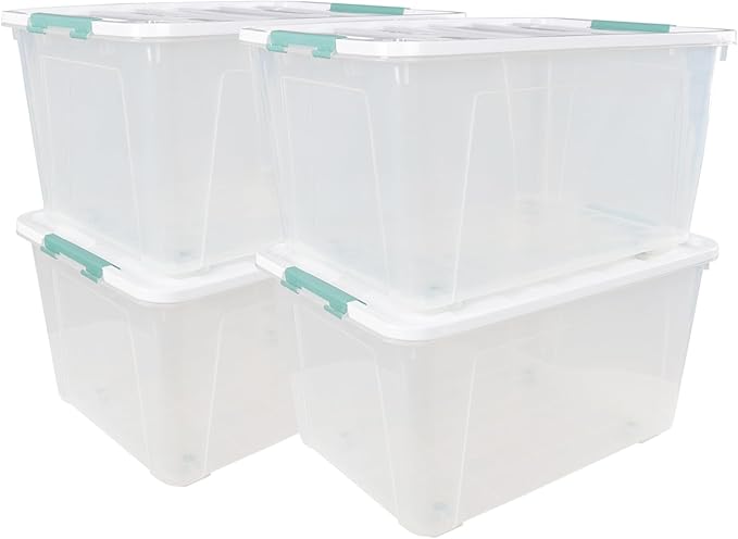 80 L Extra Large Plastic Storage Box, Clear Large Plastic Storage Bins with Wheels, 4-Pack