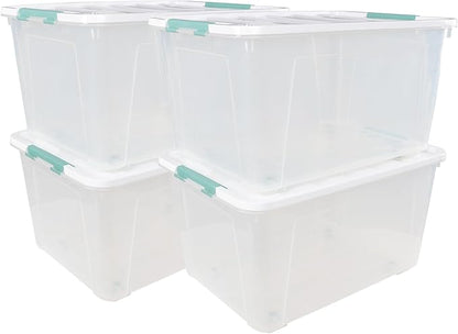 80 L Extra Large Plastic Storage Box, Clear Large Plastic Storage Bins with Wheels, 4-Pack