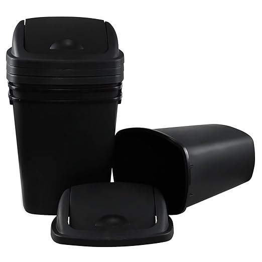25 Liter Plastic Swing-Top Trash Can, 4-Pack Swing Lid Waste Can, Black