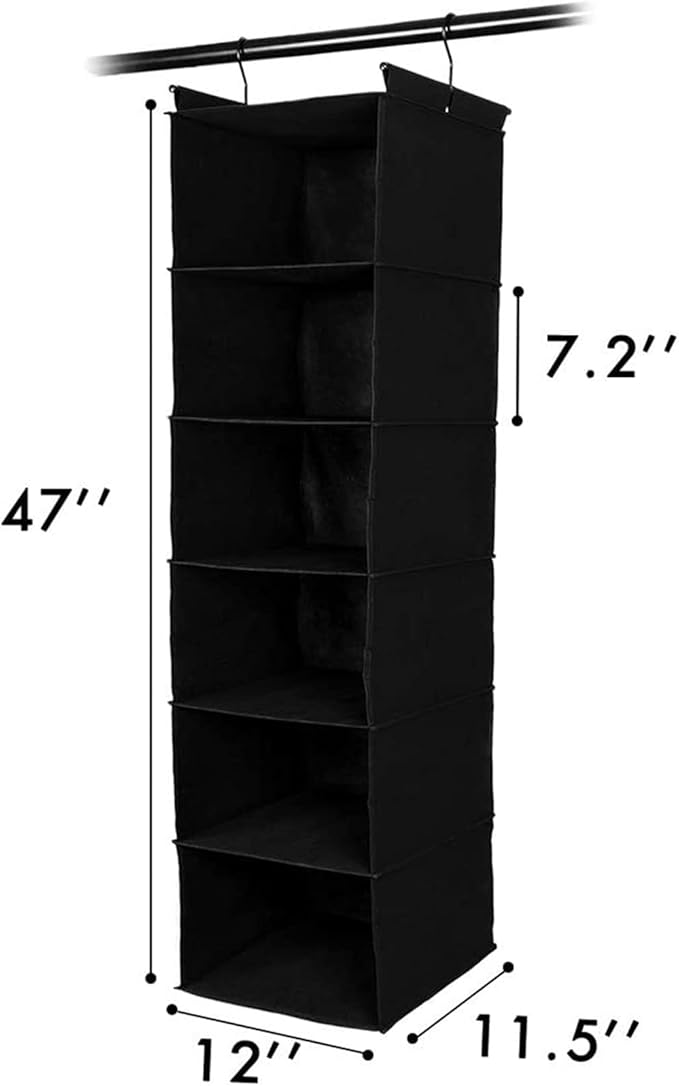 MAX Houser 6 Tier Shelf Hanging Closet Organizer, Closet Hanging Shelf with 2 Sturdy Hooks for Storage, 2 Pack, Foldable (Black)