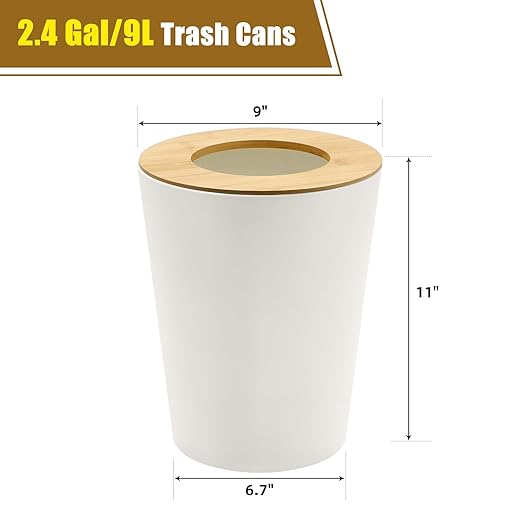 White Trash Can for Bedroom with Bamboo Lid, 2.4 Gallon Open Top Trash Can 3 Pack, Modern Aesthetic Garbage Can for Room Office Living Room, Small Bathroom Trash Bin Boho Style