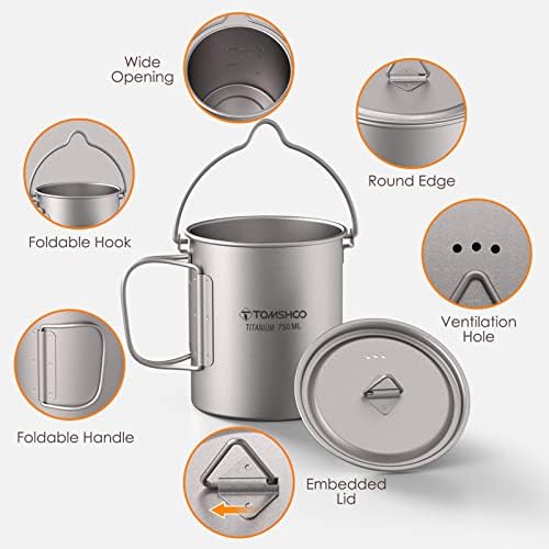 TOMSHOO 750ml/25oz Titanium Mug Camping Titanium Pot with Lid