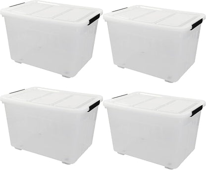 4 Packs 70L Large Plastic Storage Container with Wheels and Latching Lid, Stackable Storage Containers Bin, Clear