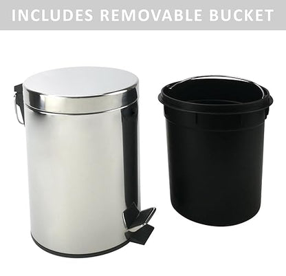 Stainless Steel Small Trash Can with Lid & Step Pedal - 5 Liters/1.3 Gallon Soft Close Waste Basket with Removeable Inner Bucket - Garbage Can for Bathroom, Bedroom, Kitchen & Office (Chrome)