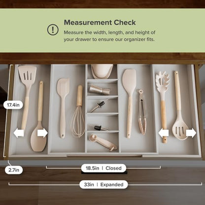 KitchenEdge Adjustable Kitchen Drawer Organizer for Utensils and Junk, Food-Safe Contract Grade with 100% Sustainable Wood, Expandable from 19 to 33 Inches Wide - Gray Bamboo