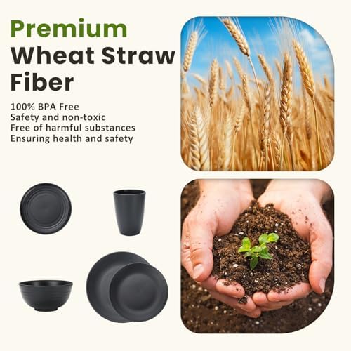 Homienly 40-Pieces Wheat Straw Dinnerware Set, Kitchen Plastic Wheat Straw Dinnerware Set - Service for 8, Unbreakable Lightweight Dish Set for Kitchen, Camping - Plates Set, Bowls, Cups Set(Black)