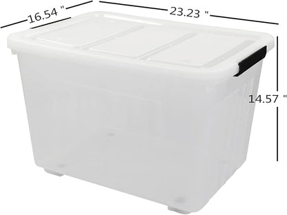 4 Packs 70L Large Plastic Storage Container with Wheels and Latching Lid, Stackable Storage Containers Bin, Clear