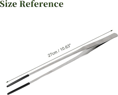 Reptile Feeding Tongs, Stainless Steel Lizard Feeding Tongs, Aquarium Straight Feeding Tweezers for Reptiles with Rubber Tip, Terrarium Feeding Tongs 10.63" L, Black Silver Tone