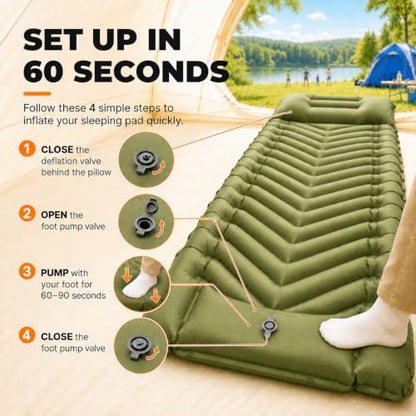 MalloMe Sleeping Pad for Camping, Camping Mattress - Bed for Outdoors Built-in Foot Pump Air Mattress for Backpacking Leak-Resistant Inflatable Travel Mat Compact Ultralight Single & Double