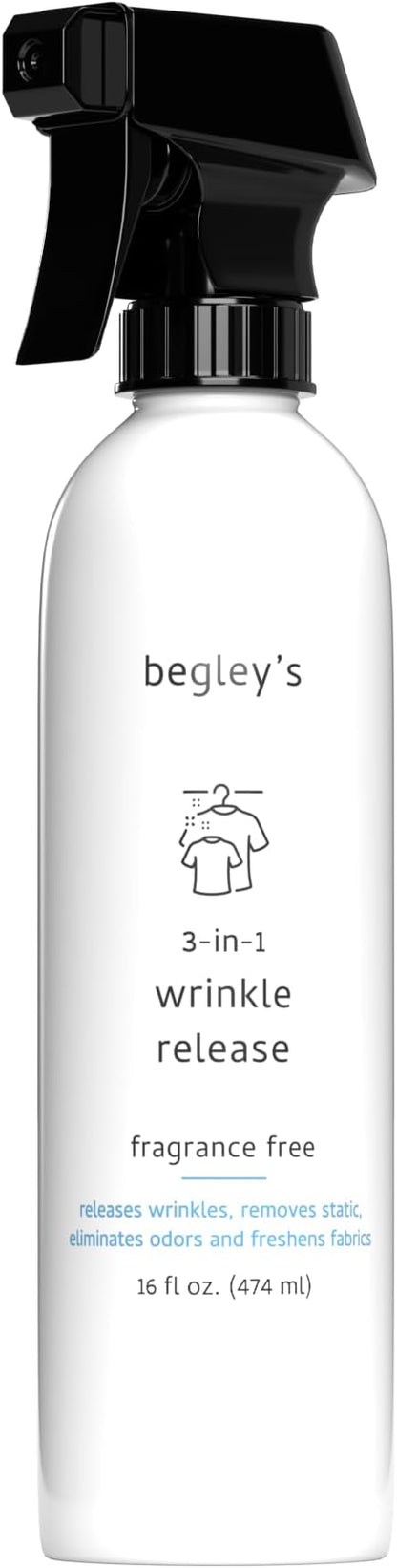 Begley's 3-in-1 Wrinkle Remover, Quick Fix Wrinkle Release, Static Cling Remover, Odor Eliminator and Fabric Refresher Spray - USDA Certified Biobased - Fragrance-Free, 16 oz