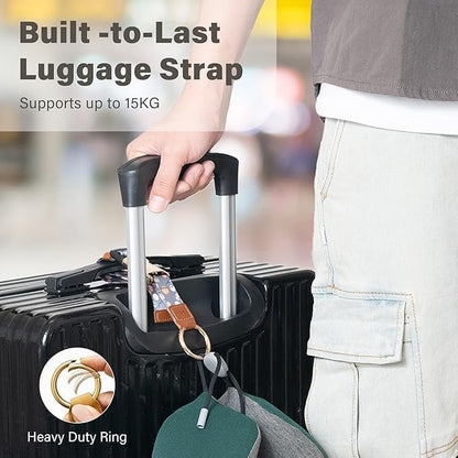 Travel Carry Strap with Ring Hooks, Buckle, Add-a-Bag Luggage Strap, Adjustable Bag Holder, Travel Clip for Carry-on Bags
