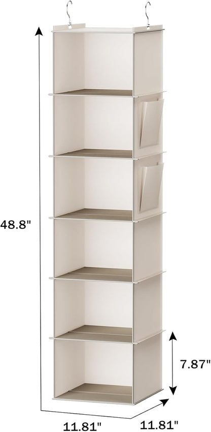 YOUDENOVA Hanging Closet Organizer, 6-Shelf Closet Hanging Storage with Side Pockets, Beige