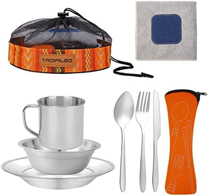 Stainless Steel Camping Cutlery Set - 8 Piece, Includes Spoons, Mugs, Bowls, Plates, Rags & Organizer Straps - Easy to Carry for Backpacking, Camping, Hiking and Picnics