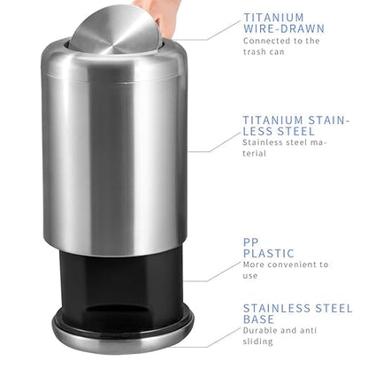 Waste Can 3 Gallon with Swing Lid，Brushed Stainless Steel Trash Can，Metal Cylindrical Garbage Can，Brass Wastebasket Bin for Bathroom,LivingRoom,Office,Kitchen,Bedroom,Hotel (Sliver)