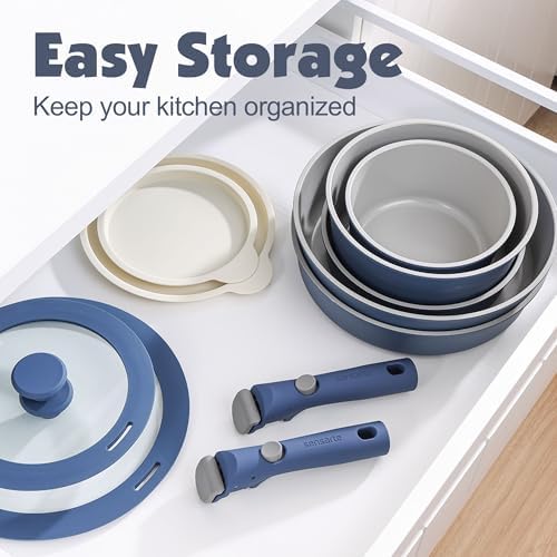 SENSARTE 24 Piece Ceramic Detachable Handle Pots and Pans Set Navy