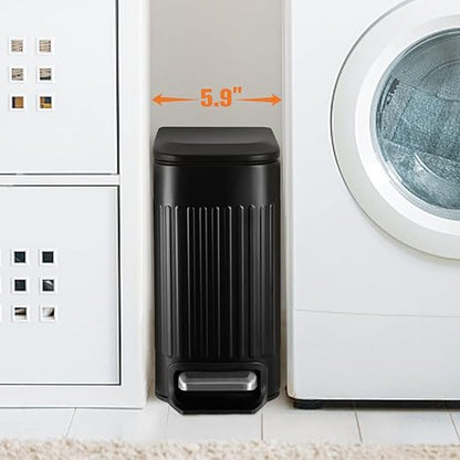TrashAid Small Black Bathroom Trash Can with Lid Soft Close, 6 Liter / 1.6 Gallon, Stainless Steel Garbage Can with Removable Inner Bucket, Step Pedal, Slim Wastebasket for Toilet, Office, Bedroom