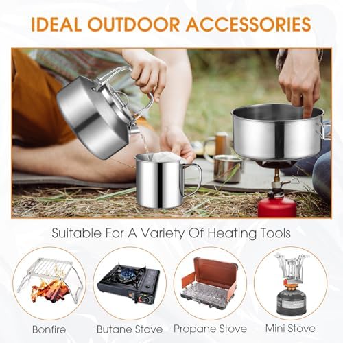 Funnymoom 15 Pcs Camping Cookware Mess Kit Outdoor Cooking Set Stainless Steel with Pot and Pan Kit 2 Set Stainless Steel Cups Plates Forks Knives Spoons for Camping Backpacking Cooking Picnic